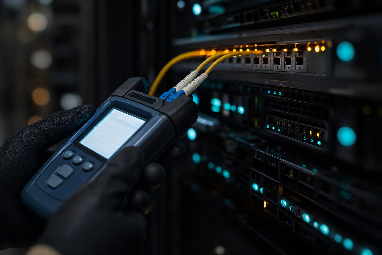 Close-up of a technician connecting an OTDR fiber test unit to a patch panel