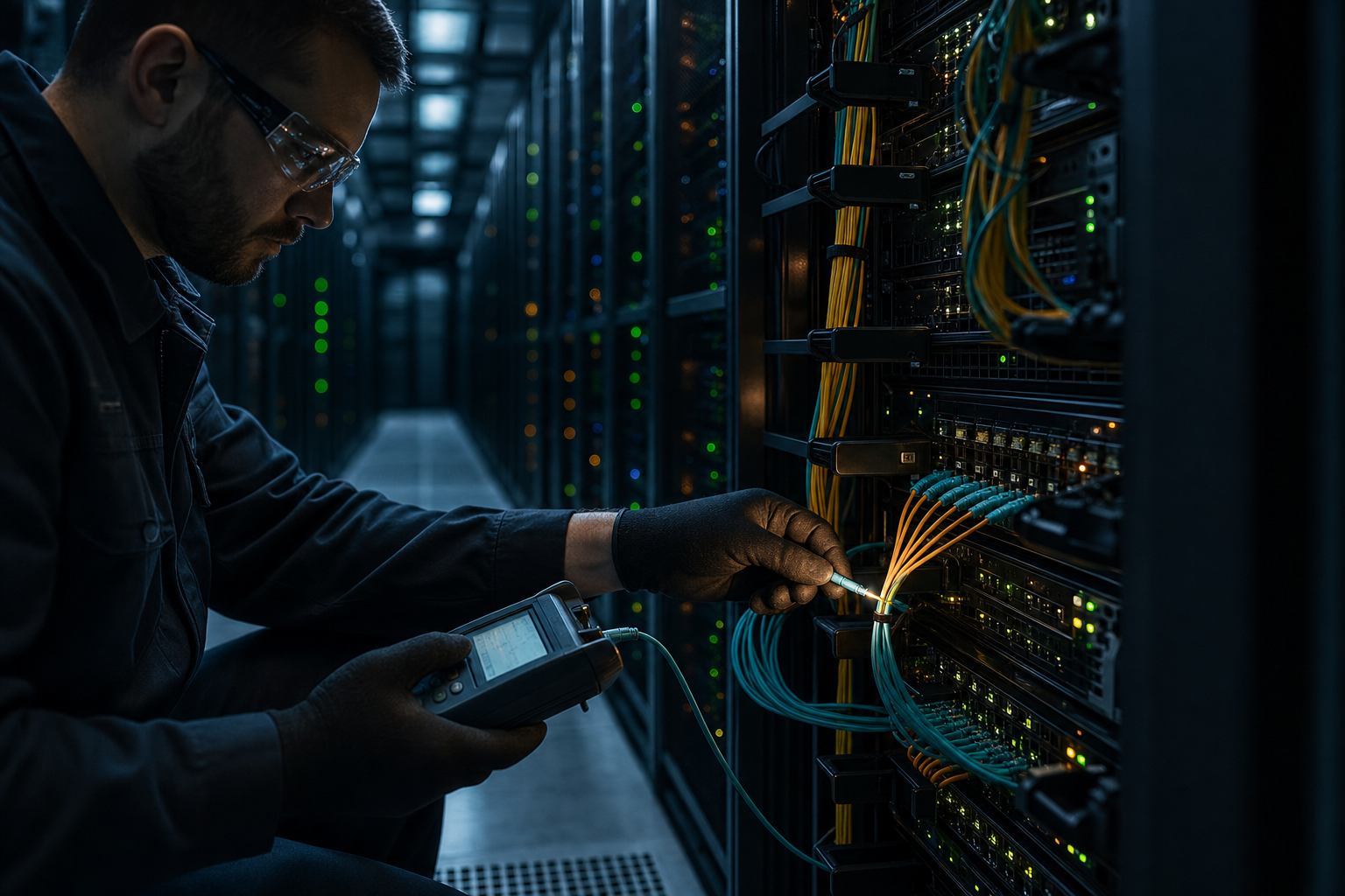 Technician terminating a fiber optic connector at an open patch panel in a data center aisle
