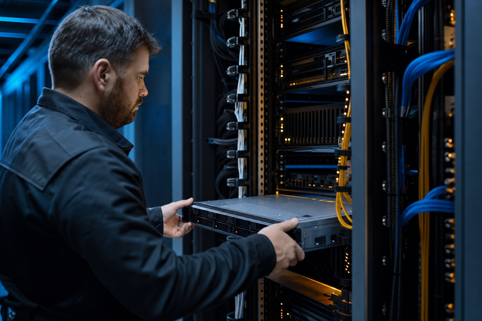 Technician installing a server into an open data center rack